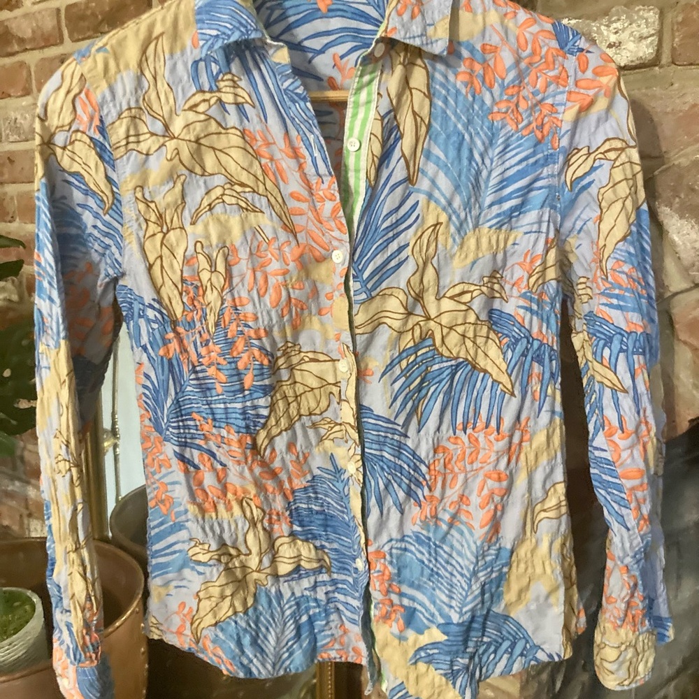 J. McLaughlin Tropical Print Button-Down Shirt in Blue & Orange Resort Luxury - Picture 6 of 16